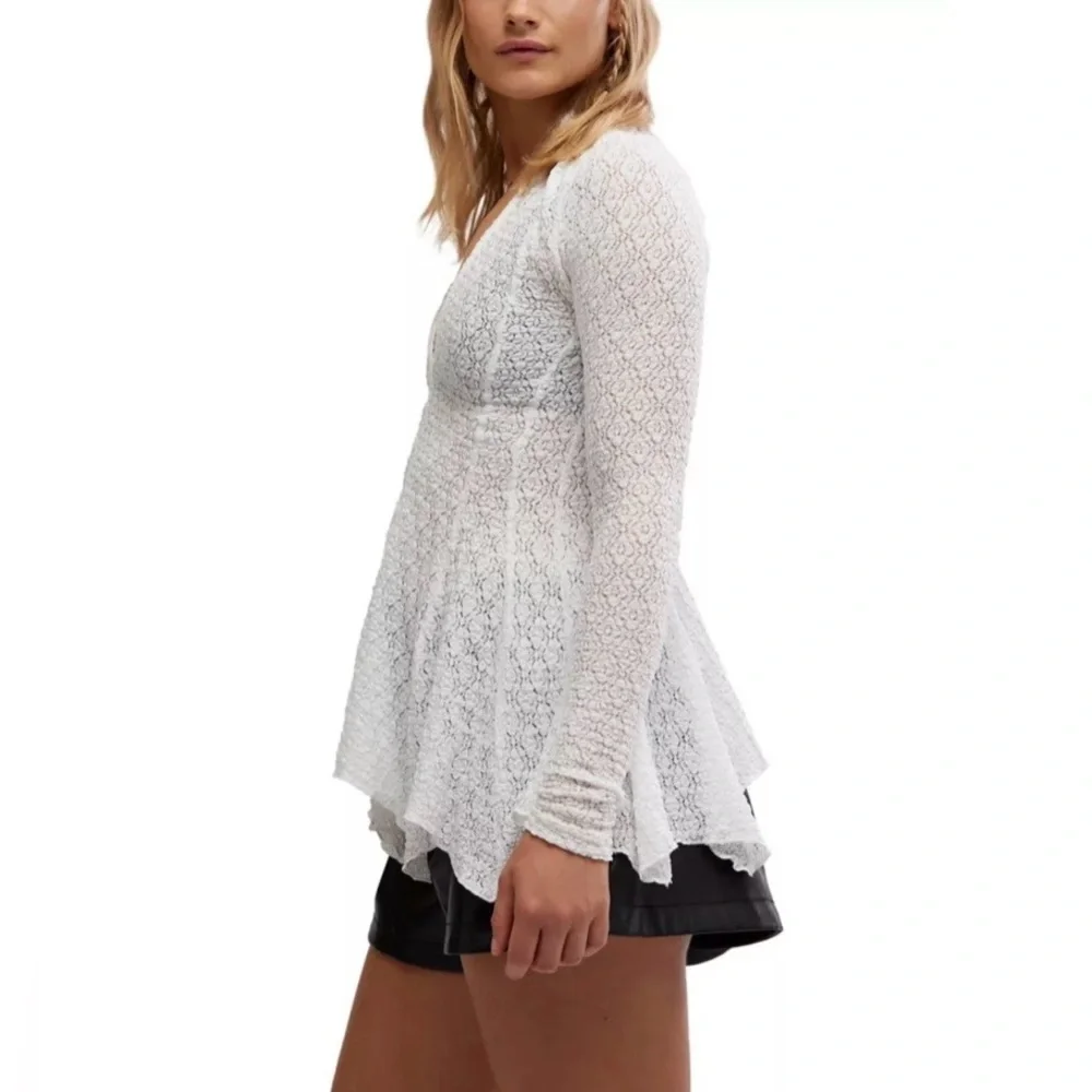 Free People Sheer Lace Button-Front Top – Ivory | Size M | NWT